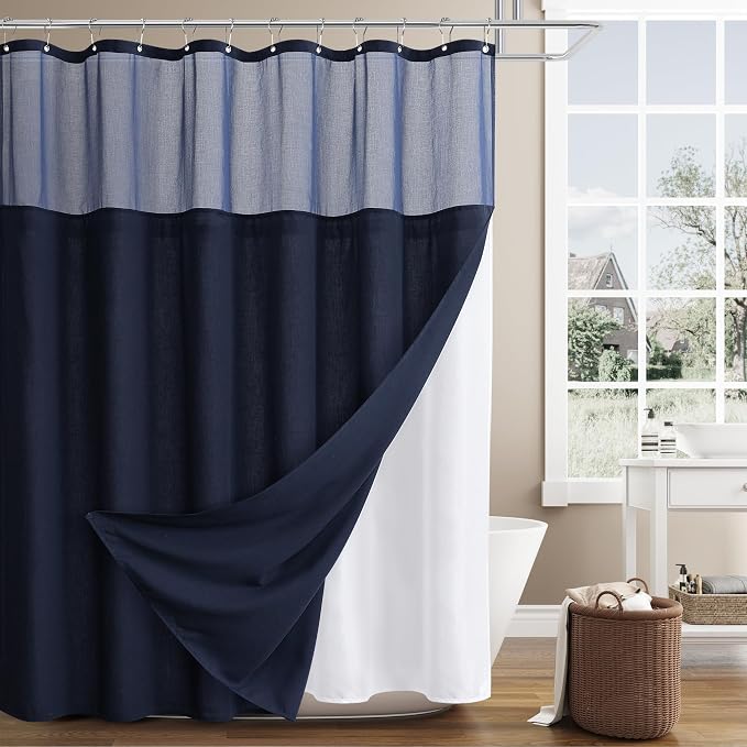 Linen Shower Curtain 72 Inches for Bathroom Navy Blue Double Layer | Curtains with Hook, Snap in Liner, Water Repellent, Boho Farmhouse, Neutral Bath Decor, 1 Panel, 72x72