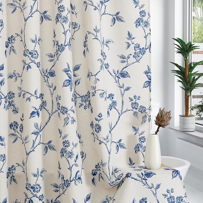 MitoVilla Long Shower Curtain Set 72 x 78, Cotton Floral Cottagecore Spring Shower Curtains for Bathroom, Modern Farmhouse Country Plant Leaves Bathroom Décor