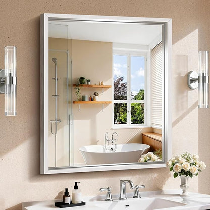 CIRCUMI 30"x36" Brushed Silver Bathroom Mirror, Rectangular Vanity Mirror | Chunky Box Metal Frame, Shatterproof, Tempered Glass, Bathroom Remodel&New Home,Wall Mirror for Over Sink,Living Room,Hallway