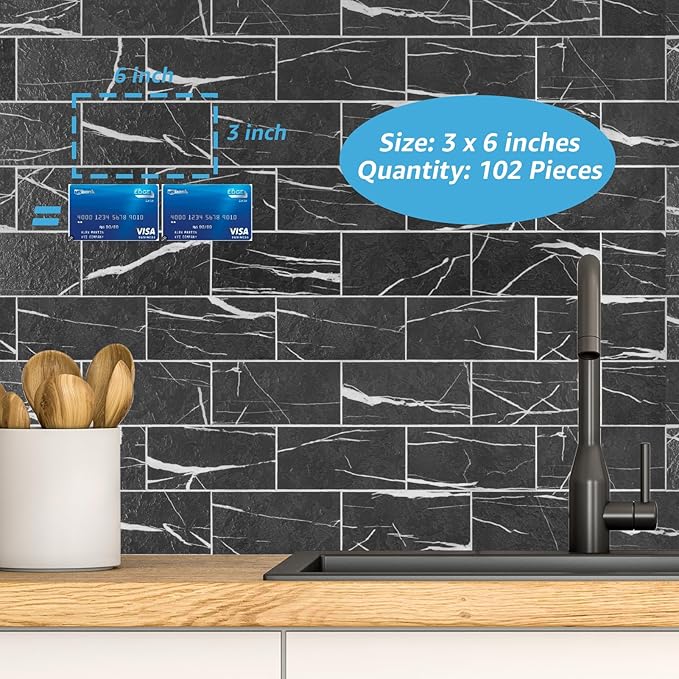 Art3d 102-Pack Peel and Stick Backsplash on Subway Tile, Black Marble | 3 x 6 in, PVC, Self Adhesive, Waterproof, Traceless Peel, Modular Splicing, Ideal for Vanities, Bathrooms