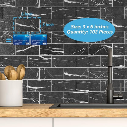 Art3d 102-Pack Peel and Stick Backsplash on Subway Tile, Black Marble | 3 x 6 in, PVC, Self Adhesive, Waterproof, Traceless Peel, Modular Splicing, Ideal for Vanities, Bathrooms