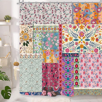 Boho Patchwork Shower Curtain, Vintage Bohemian Paisley Stitching Floral Shower Curtain Art with Hooks, Retro Farmhouse Cottage Rustic Colorful Wildflowers Flowers Design Shower Curtain Set, 72"X72"