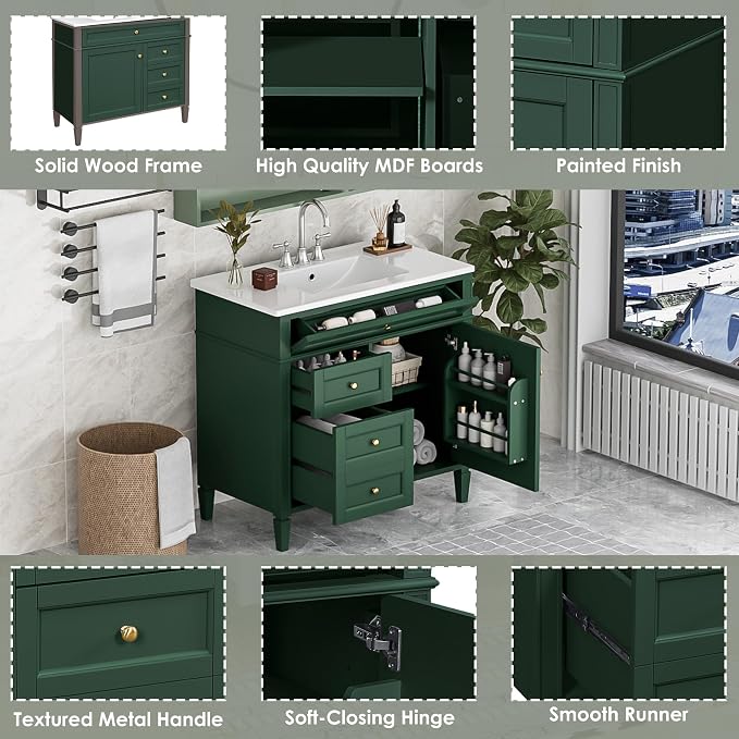 Merax 36 Inch Bathroom Vanity with Top Sink, Modern Bathroom Storage Cabinet with 2 Drawers and a Tip-Out Drawer, Solid Wood Frame Single Sink Bath Vanities, Green