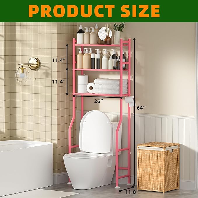 3-Tier Over Toilet Storage with Anti-Tilt Safety System - 150lb Total Capacity Metal Bathroom Shelves Including Paper Holder & 4 Hooks, Space Saving Above Commode Organizer (64" H, Pink)