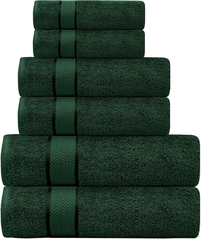6 Piece Cotton Bath Towel Set -2 Bath 2 Hand 2 Face, Dark Green | 100% Cotton • Thick & Plush • Hotel Quality • Ultra Soft • Highly Absorbent • Quick Dry • Low Lint • Machine Washable