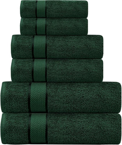 6 Piece Cotton Bath Towel Set -2 Bath 2 Hand 2 Face, Dark Green | 100% Cotton • Thick & Plush • Hotel Quality • Ultra Soft • Highly Absorbent • Quick Dry • Low Lint • Machine Washable