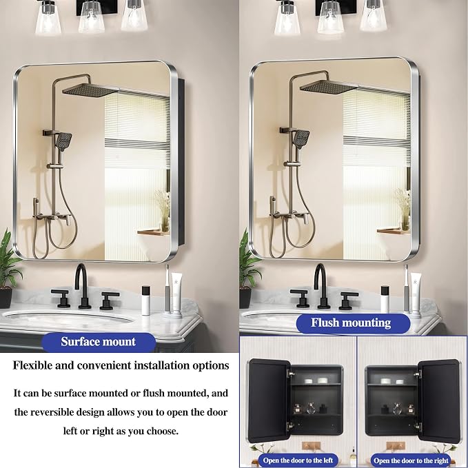 24" x 24" Bathroom Medicine Cabinet with Mirror Door, Brushed Nickel Stainless Steel Frame, Recessed or Surface Mounted,Storage Cabinet with Adjustable Metal Shelves,Upgraded Version