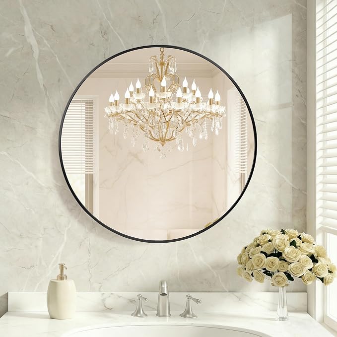 OLIXIS Bathroom Round Mirror for Over Sink, 20 in Wall Circle Mirror, Black | Matte Brushed Metal Framed, Modern Wall Mount Vanity Mirrors for Home Decor, Living Room, Bedroom