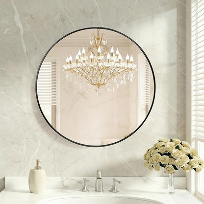 OLIXIS Bathroom Round Mirror for Over Sink, 20 in Wall Circle Mirror, Black | Matte Brushed Metal Framed, Modern Wall Mount Vanity Mirrors for Home Decor, Living Room, Bedroom