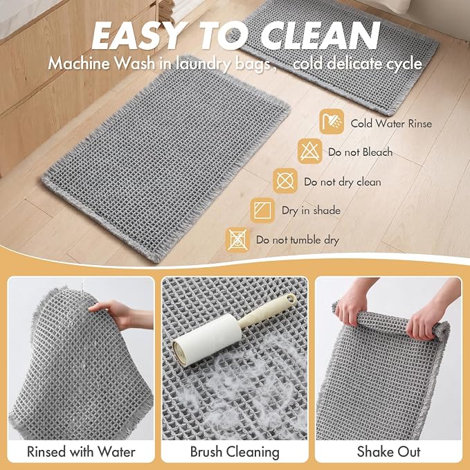 MIULEE Set of 2 Waffle Bathroom Rugs Boho Bath Mat Light Grey 17x24 Inch | Non Slip, Super Absorbent, Washable, Ultra Soft, Rubber Backed, Small Bath Rugs for Bathroom Floor Tub Shower