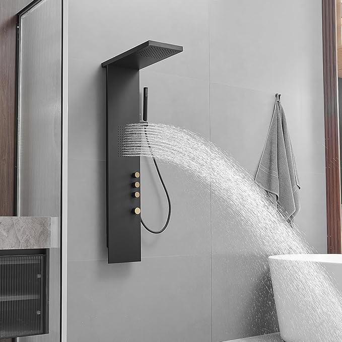 3 in 1 Shower Panel Tower System with Rainfall Shower Head, Handheld Shower Wand and Body Spray Stainless Steel Shower Tower Multi-Function Shower Panels for Bathroom, Black