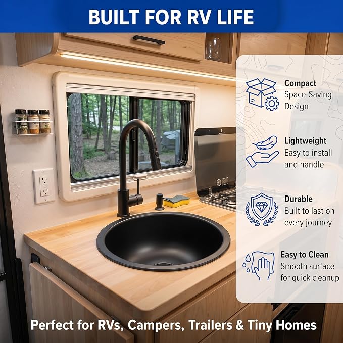LQS 13 x 13 Inch Round RV Sink, Black Bar Sink, Stainless Steel Drop-In | Small RV Sink For Camper Kitchens Or Bathrooms; Compact RV Bathroom Sink With 5.31-Inch Bowl And Drain Assembly Included