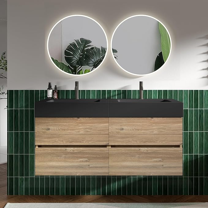 48" Floating Bathroom Vanity with Black Sink Combo, Modern Floating Double Sink Bathroom Vanity with Solid Surface Tops & 4 Soft-Closing Drawers, Large Storage for Apartment, Hotel, Rough Oak