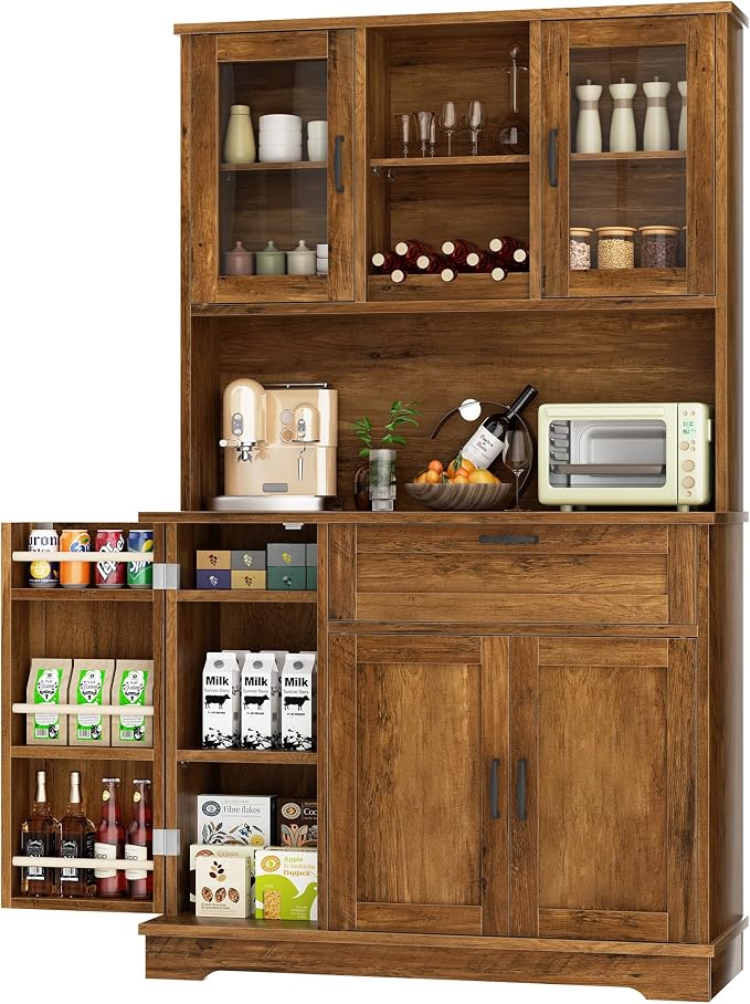 Shintenchi 68" Kitchen Pantry Storage Cabinet, with Microwave Stand, Brown | Freestanding Buffet Cabinet, with 3 Door Shelves, Kitchen Hutch with Doors, Adjustable Shelves and Wine Rack