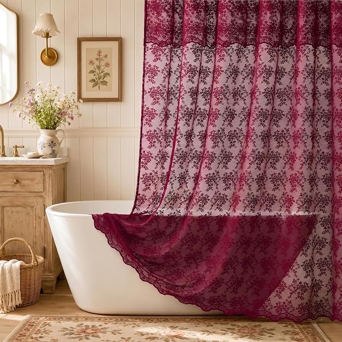 Burgundy Lace Shower Curtain 72x84, 84 Inches Long with Attached Valance | Wine Red Shower Curtain, Magenta Floral Lace Details, Airy Appearance, Vintage Victorian Moody Style forTall Bathrooms