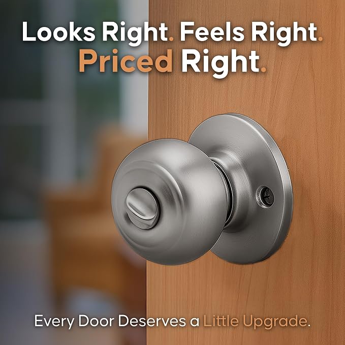 Copper Creek Colonial Privacy Interior Door Knob – ANSI Grade-3 Certified, Modern Heavy Duty Handle, Easy Install and Reversible for Bedroom, Bathroom and Closets – Satin Stainless (6 Pack)