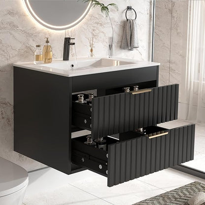 24" Bathroom Vanity with Sink, Floating Bathroom Vanity with 2 Fluted Drawers & Metal Handle, Wall Mounted Cabinets with Integrated Ceramic Sink for Apartment, Home, Black