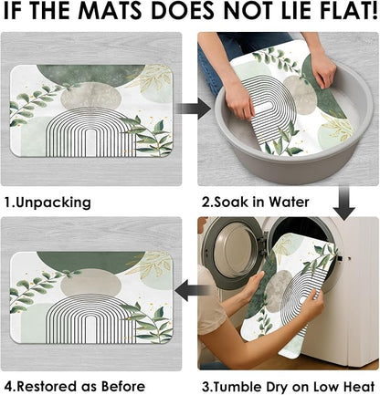 Bathroom Sets with Shower Curtain and Rugs, 4 Pcs, Boho Sage | Green Abstract Botanical Mid Century Bathroom Decor Set with Toilet Lid Cover, Non-Slip Bath Mats and Accessories 12 Hooks