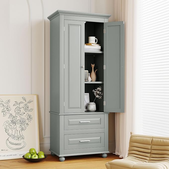 Merax 62.5" Pantry Cabinet with Two Doors & Two Drawers, Adjustable Shelves Storage Cupboard for Kitchen/Dining Room/Bathroom, Gray