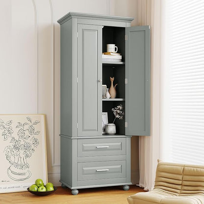 Merax 62.5" Pantry Cabinet with Two Doors & Two Drawers, Adjustable Shelves Storage Cupboard for Kitchen/Dining Room/Bathroom, Gray