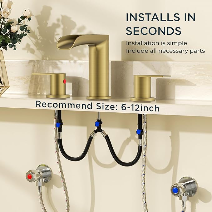 FORIOUS Gold Bathroom Faucet, Waterfall Bathroom Faucet for Sink 3 Hole with Easy Install Pop-Up Drain and Water Supply, 8 Inch Widespread for Vanity, Camper,Restroom