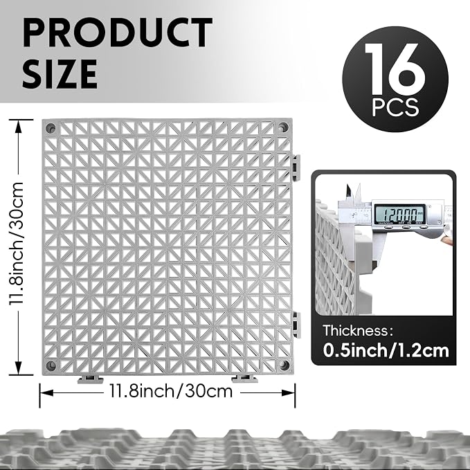 RITOLLO Modular Interlocking Cushion Drainage Floor Tiles, 16-Pack 11.8"x11.8" PVC Raised Non-Slip Interlocking Mats with Drain Holes for Deck, Pool, Garage, Shower, Patio, Bathroom, Sauna, Yard -Gray