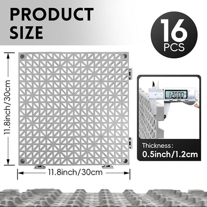 RITOLLO Modular Interlocking Cushion Drainage Floor Tiles, 16-Pack 11.8"x11.8" PVC Raised Non-Slip Interlocking Mats with Drain Holes for Deck, Pool, Garage, Shower, Patio, Bathroom, Sauna, Yard -Gray