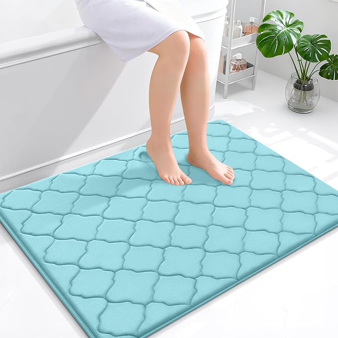OLANLY Memory Foam Bath Mat Rug 40x32, Ultra Soft and Absorbent Bathroom Rugs, Non-Slip, Comfortable, Machine Washable Bath Carpet for Bathroom Floor, Tub, Shower and Home Decor Accessories, Sky Blue