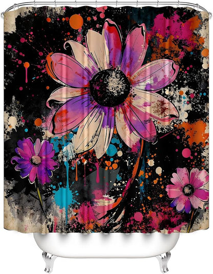 AZHM Watercolor Daisy Floral Shower Curtain Set 4 PCS Black and Pink Rustic Farmhouse Floral Bathroom Accessories Set Includes Shower Curtain, Non-Slip Rugs Toilet Lid Cover and Bath Mat and 12 Hooks