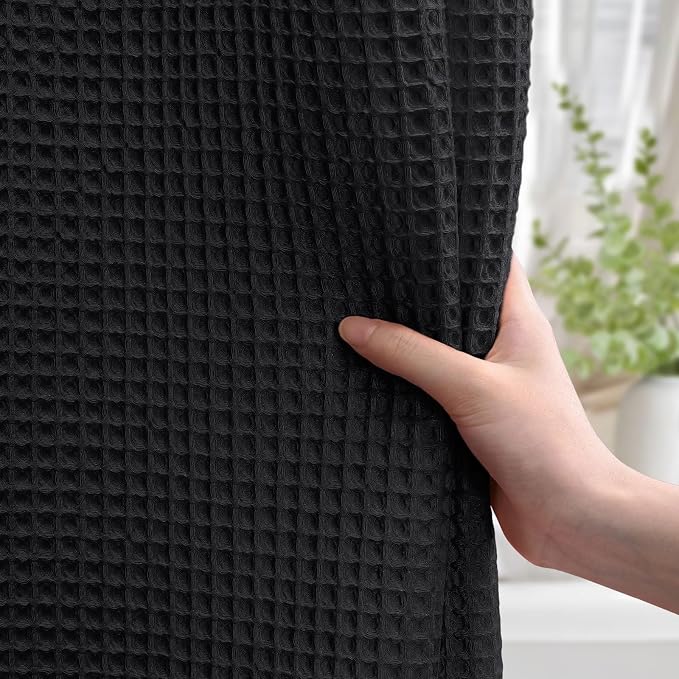 Stall Waffle Weave Shower Curtain Heavyweight Cotton Fabric Black 48Wx72L | Soft Cotton Cloth,3D Square Truely Waffle,Washable, Hotel Luxury Spa, Shower Curtains for Narrow Bathroom 12 Plastic Hooks