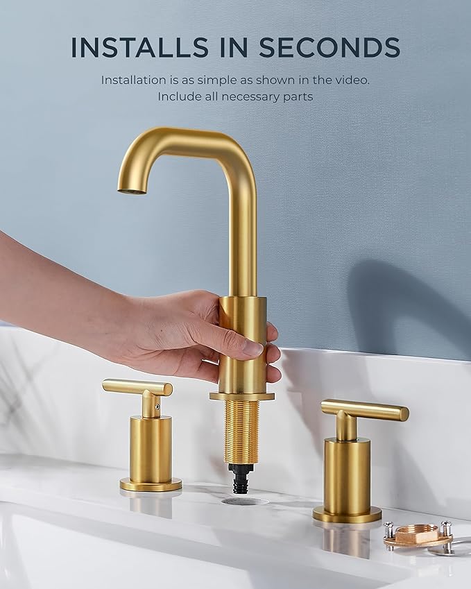 FORIOUS Brushed Gold Bathroom Sink Faucet 3 Hole, 2 Handles 8 Inch Widespread Bathroom Faucets, 360° Swivel Spout, with Pop Up Drain and Hoses, for Vanity Restroom RV Lavatory