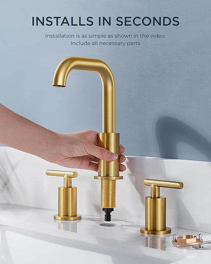 FORIOUS Brushed Gold Bathroom Sink Faucet 3 Hole, 2 Handles 8 Inch Widespread Bathroom Faucets, 360° Swivel Spout, with Pop Up Drain and Hoses, for Vanity Restroom RV Lavatory