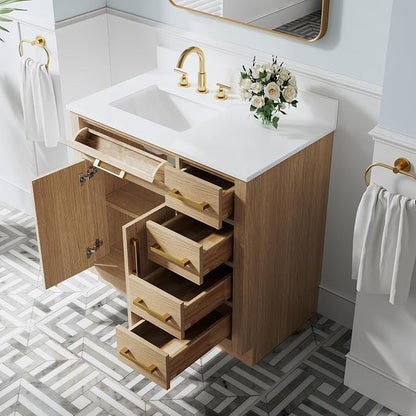 36-Inch Bathroom Vanity with Sink W/ 2 Doors & 4 Drawers & 1 Flip Drawer, Oak Vanity W/Brushed Gold Handles