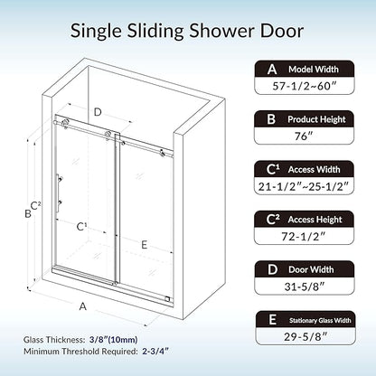Woodbridge Frameless Sliding Shower Doors with Soft Close System, 57.5-60" Width x 76" Height with 3/8"(10mm) Clear Tempered Glass in Brushed Gold Finish, BSDC6076-BG