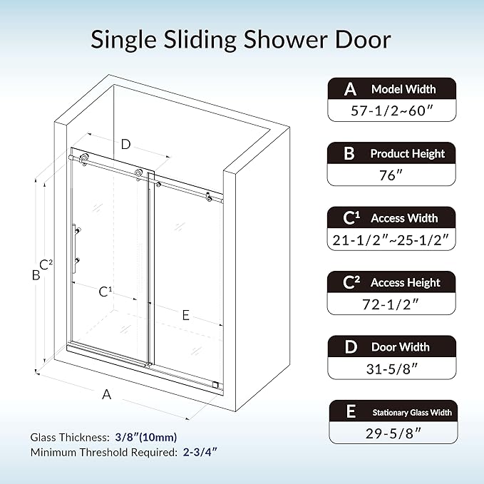 Woodbridge 57.5-60" Wx76 H Soft Close Frameless Shower Door,3/8"(10mm) Explosion-Proof Tempered Glass, Brushed Nickel Finish, BSDC6076-B