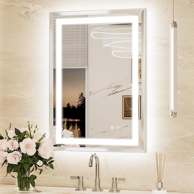 Keonjinn 22x30 Inch Nickel LED Bathroom Mirror with Lights, Beveled Edge | Frontlit & Backlit, Lighted Bathroom Mirror, HD Tempered Glass, 3 Color Temperatures, Anti-fog, Stepless Dimmable