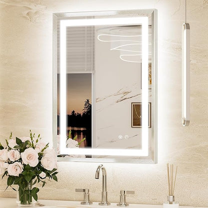 Keonjinn 22x30 Inch Nickel LED Bathroom Mirror with Lights, Beveled Edge | Frontlit & Backlit, Lighted Bathroom Mirror, HD Tempered Glass, 3 Color Temperatures, Anti-fog, Stepless Dimmable