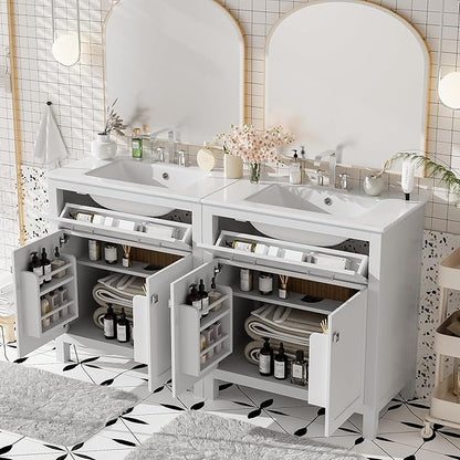 Harper & Bright Designs 60" Bathroom Vanity Set with Double Sink, Vanity Cabinet with Flip Drawer, 2 Doors, and Adjustable Shelf, Solid Wood Bathroom Cabinet with Ceramic Basin for Bathroom, White