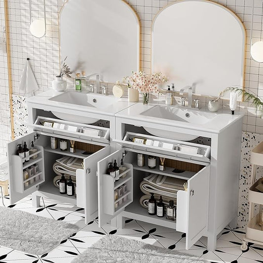 60" White Bathroom Vanity with Double Sink, 60 Inch Bathroom Vanity Set with Double Vanities (Separate), 2 Bathroom Vanities with Sink, Adjustable Shelf, Soft Close Doors and Flip Drawer