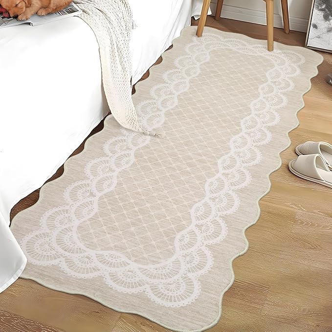 GarveeHome Hallway Rug 2x6 Scalloped Kitchen Runner Rug, Non-Slip Modern Bordered Bedside Rug, Non-Shedding Scalloped Carpet Runner for Laundry Room, Bedroom, Living Room, Beige