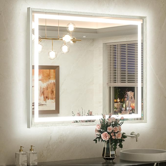 42 x 36 Led Mirror Brushed Nickel Metal Frame Frontlit & Backlit Vanity Mirror Anti-Fog Stepless Dimmable 3 Colors White/Warm/Natural Wall Mirror with Lights Wall-Mounted