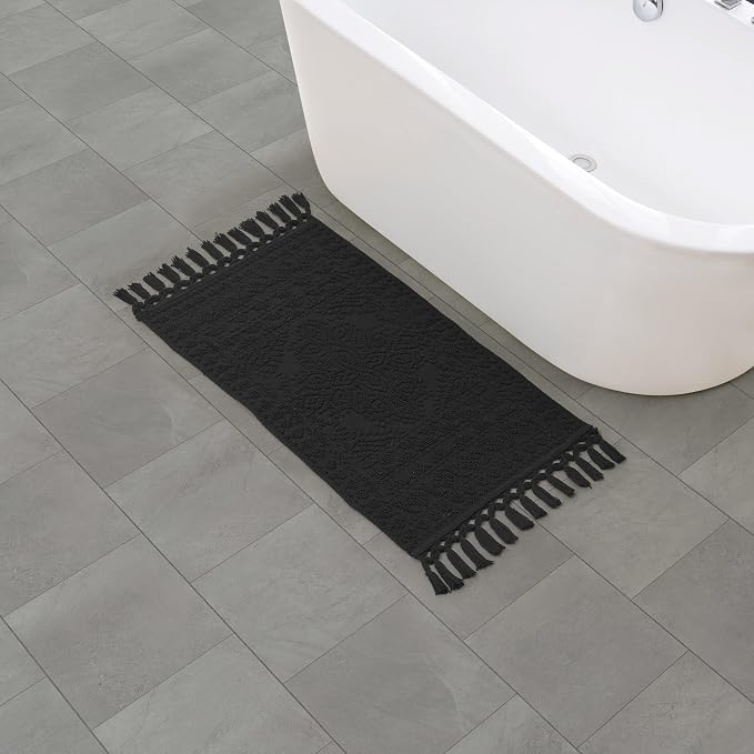 French Connection Nellore Bath Rugs, Woven and Beaded Bath Mats, Durable and Thick Bath Mats for Bathroom and Shower Rugs, 20" x 38", Black