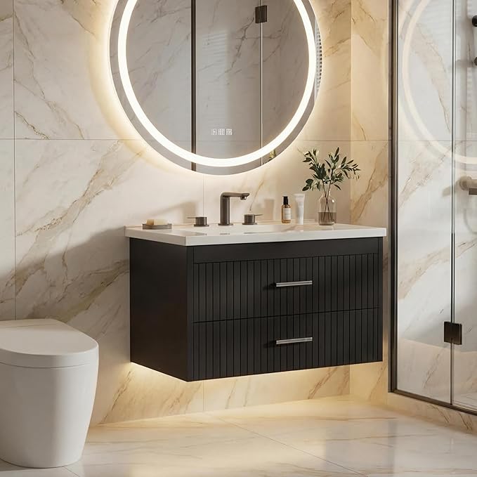 24 Inch Floating Bathroom Vanity with Sink - Modern Wall Mounted Vanity with Ceramic Sink, 2 Large Drawers, Waterproof & Easy Clean