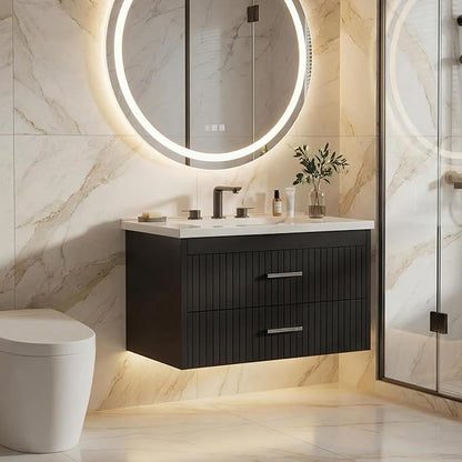 24 Inch Floating Bathroom Vanity with Sink - Modern Wall Mounted Vanity with Ceramic Sink, 2 Large Drawers, Waterproof & Easy Clean