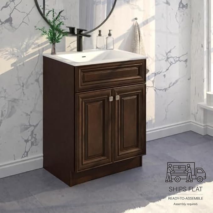 30" Maple Walnut Bathroom Vanity Base – Ready-to-Assemble Sink Cabinet, Freestanding Bathroom Vanity Base Only, No Top or Sink
