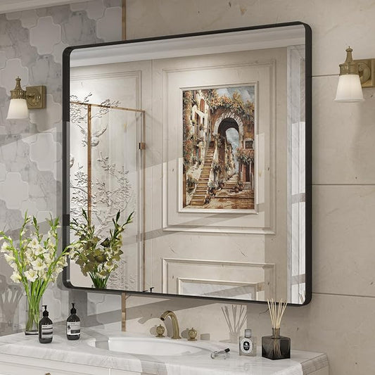 40x36 Inch Black Metal Framed Bathrrom Mirror for Wall, Black Rounded Rectangle Mirror, Matte Black Bathroom Vanity Mirror, Anti-Rust, Tempered Glass, Hangs Horizontally or Vertically