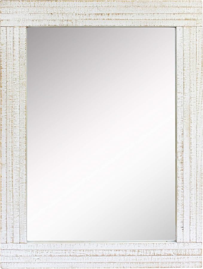 Stonebriar 24" x 18" Rectangle Worn White Wood Frame Wall Mirror with Attached Hanging Brackets, Decorative Country Rustic Decor for the Living Room, Bedroom, Bathroom, Hallway, and Entryway