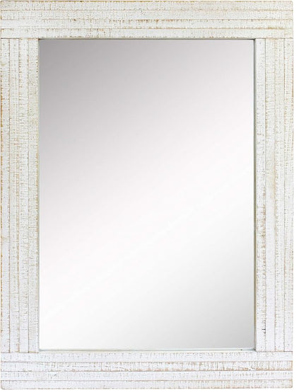 Stonebriar 24" x 18" Rectangle Worn White Wood Frame Wall Mirror with Attached Hanging Brackets, Decorative Country Rustic Decor for the Living Room, Bedroom, Bathroom, Hallway, and Entryway