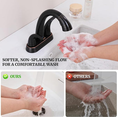 Bathroom Faucet with Sprayer, 4 Inch Oil Rubbed Bronze with Pop Up Drain | Ultimate Unicorn Centerset Pull Down Vanity Faucets 3 Hole- Two Handle Modern Washbasin Tap Set for Rv Lavatory Restroom