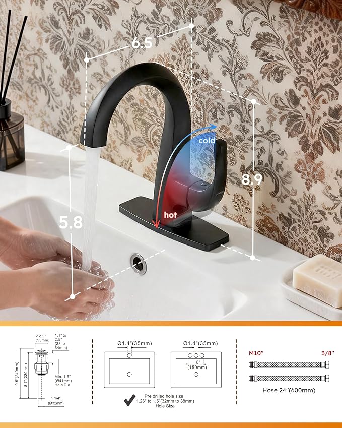WOWOW Single Handle Bathroom Faucet, Matte Black, 1 Hole, High Arc, Pop Up Drain, Solid Brass, Easy Installation, 5 Year Warranty